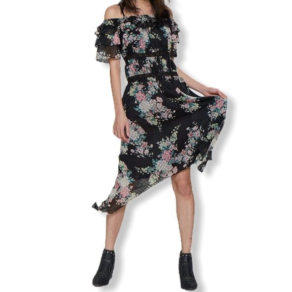 Walter Baker Hansen Asymmetrical Hem Open Shouldee Floral Spring Dress NWT sz 10 - Picture 3 of 13